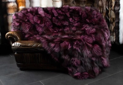 7090 Silver Fox Fur Blanket in Black-Purple Genuine Pelt Throw Real Fox Cover - Image 1 of 4