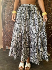Boho Hippy Gypsy Black,White Cotton Maxi Skirt Tiered Flared Long Skirts ML 