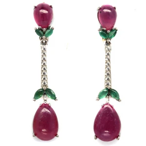 Christmas Gemstone Heated Red Ruby Emerald & Zircon Earrings 925 Sterling Silver - Picture 1 of 4