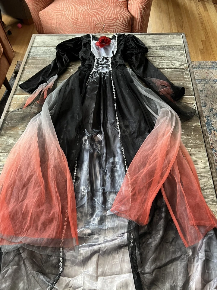 Goth Witch Halloween Gown Dress Vampire Rose Sculls  Costume Lace Size 8-10 Med - Image 1 of 4
