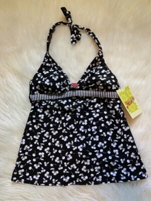 Hobie Tankini Halter Swim Top Women Size Small Black White Cherry Print Swimsuit - Image 1 of 4