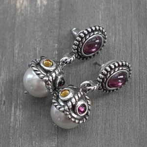 Brighton Dazzle Dangle Drop Earrings Faux Pearl Caged Purple Yellow Crystals 1" - Picture 1 of 7