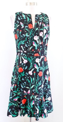 Abito in guaina nero nuovo con etichette Kate Spade piastrelle da giardino con stampa floreale colibrì taglia 4