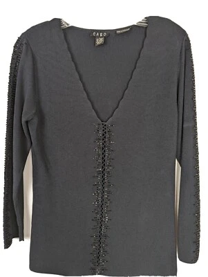 Suéter elástico de punto con cuentas talla grande negro con cuello en V Foto 1 de 4