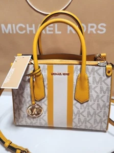 Neu mit Etikett Michael Kors Signature SUN gelb Mittelstreifen Ahorn SM Umhängetasche Beuteltasche - Bild 1 von 14
