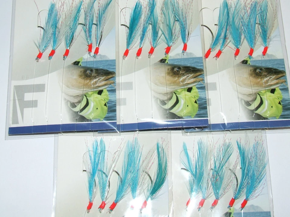 5 x Packs Fladen Mackerel Feathers Sea Fishing 5 Hook Rigs size 1/0 Blue Flash - Image 1 of 4