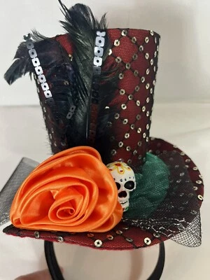 "Sombrero de copa con temática de Halloween sin marca diadema calavera naranja flor pluma encaje 10""" Foto 1 de 4