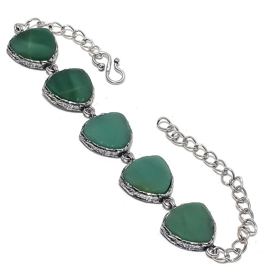 Brazalete de joyería enchapado en plata con piedras preciosas de ónix verde 7-8" Foto 1 de 1
