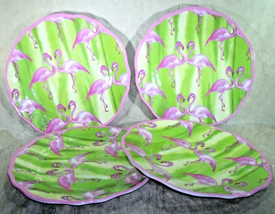 Cynthia Rowley FLAMINGO Scalloped Pink Green Melamine Dinner Plates Set of 4 - Image 1 of 4