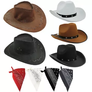 COWBOY HAT AND BANDANA WILD WESTERN FANCY DRESS COSTUME ACCESSORY SET ADULTS - Picture 1 of 21