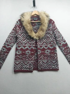 FOREVER 21 Cardigan Sweater Wrap Womens Small Red Removable Faux Fur Collar - Picture 1 of 6