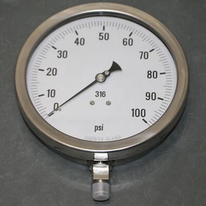 PIC Industrial Pressure Gauge 6001-4LE, 6" Dial, 0-100 psi, 1/4" NPT, Stainless - Picture 1 of 5