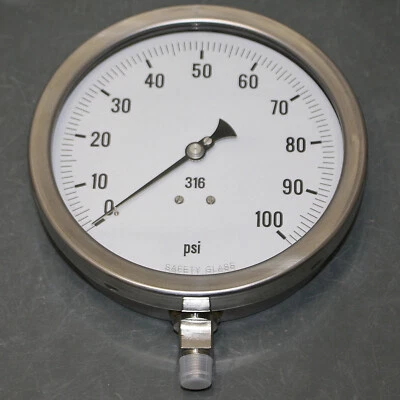 PIC Industrial Pressure Gauge 6001-4LE, 6" Dial, 0-100 psi, 1/4" NPT, Stainless - Image 1 of 4