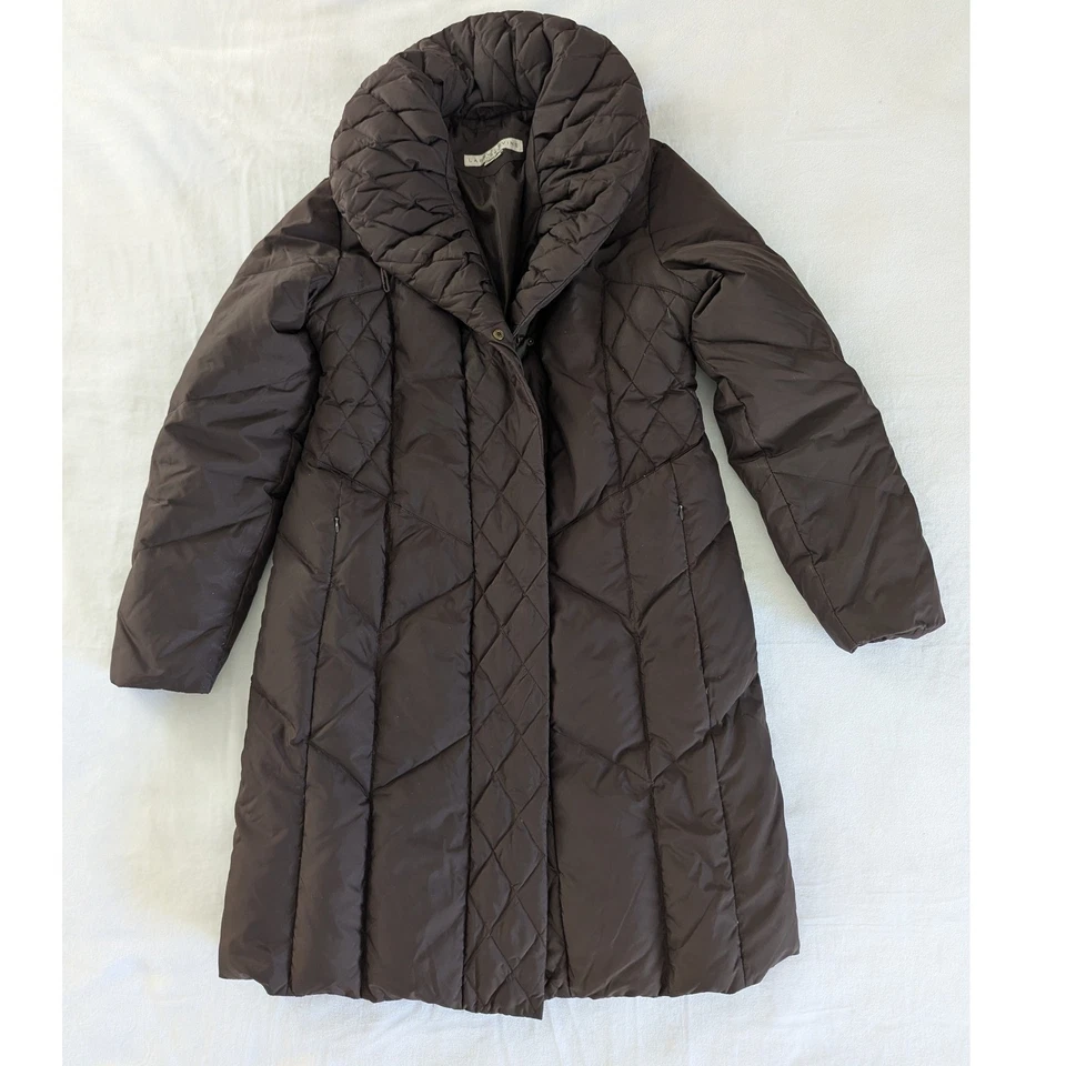 Abrigo acolchado Larry Levine marrón cuello chal manga larga para mujer M Foto 1 de 4