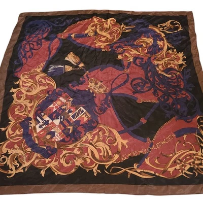 Bufanda de seda Bill Blass de colección negra marrón con bordes 31 X 30 escudo de armas Regal Foto 1 de 4