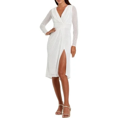 Vestido midi IEENA for MAC DUGGAL blanco con lentejuelas manga larga envolvente cuello en V talla 2 Foto 1 de 4