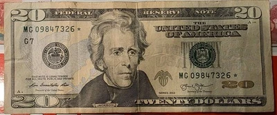 Circulated $20 Twenty Dollar Bill "Star Note" Serial Number MG09847326 * - Image 1 of 2