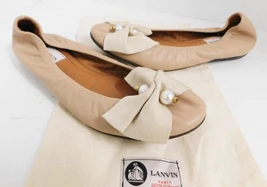 Lanvin Leather Beige Ballet Flats with Bow and Pearls 37.5 - Picture 1 of 6