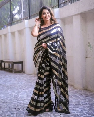 Sari Georgette de lentejuelas negro de diseñador para mujer ropa de boda fiesta sari indio Foto 1 de 4