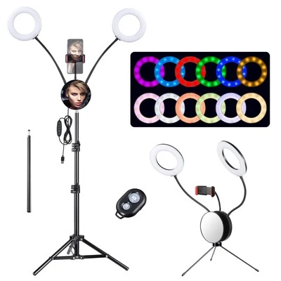 7" Dual LED Ring Light USB w/ Tripod Stand Mirror Phone Holder for Live Makeup - Image 1 of 3