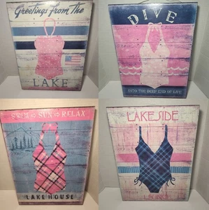 Set of 4 Rustic Lake House Wall Signs 16" x 12" • Swim • Sun • Relax • Dive - Picture 1 of 6