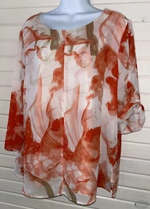 Chicos Sz 2 (LARGE) Coral Orange Floral Knit Tunic w/ Poly Chiffon Overlay EUC - Picture 1 of 13