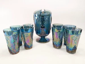 Indiana Glass 9 piece Blue Iridescent Carnival Glass Beverage Set - Picture 1 of 12
