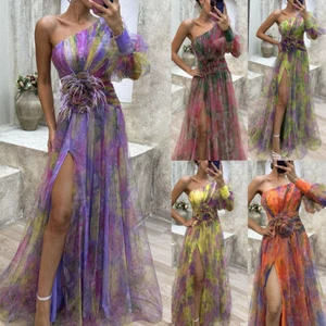 Women Mesh Dresses Evening Dress Cocktail Party Summer Casual One Shoulder maxi - Picture 1 of 26