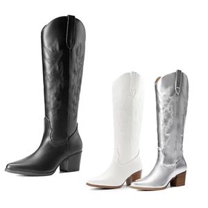 Damen-Cowboy-Westernstiefel niedriger klobiger Absatz spitz zulaufend Reißverschluss kniehoch - Bild 1 von 21
