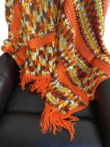 Rare Vtg Afghan Throw Blanket Groovy 60s 70s Orange Brown Yellow 88 x 48 Inch - Picture 1 of 12