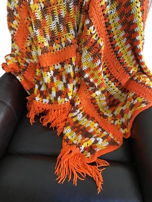 Rare Vtg Afghan Throw Blanket Groovy 60s 70s  Orange Brown Yellow  88 x 48 Inch - Image 1 of 4