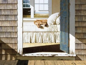 Impresión de arte costero de casa de playa para perros Home Again de Zhen-Huan Lu 16x12 pulgadas - Imagen 1 de 1