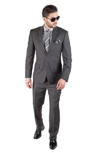 Slim Fit Men Suit 2 Button Dark Charcoal Grey Notch Lapel Double Vented By AZAR - Picture 1 of 6