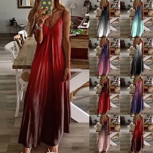 Womens Summer Beach Boho Sun Dress Ladies Gradient Holiday V Neck Maxi Dresses - Picture 1 of 48