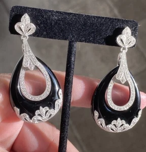 Sterling Silver White Diamond & Black Onyx Enhancer - 2 Piece Teardrop Earrings - Picture 1 of 18