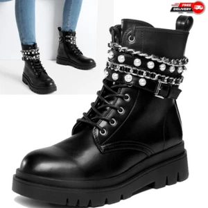 Womens Ankle Boots Platform Side Zipper Metal Chain Punk Style Combat Boots Shoe - Picture 1 of 19