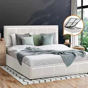 Oikiture Bed Frame Queen Double King Single Gas Lift Storage Bed Platform Boucle - Picture 1 of 50