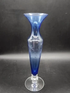 Vintage Mid-Century Glass Bud Vase Cobalt Blue Etched Grape Vine Clear Base 11"H - Picture 1 of 7