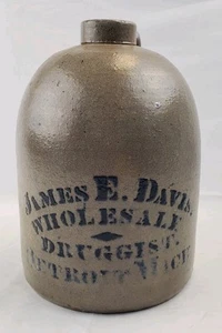 Antique James E. Davis Wholesale Druggists Detroit Michigan Stoneware Jug Crock - Picture 1 of 11