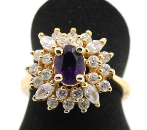 Yellow Gold Plated Ring Size T - Purple Clear CZ STATEMENT Cluster - 61.5 - Picture 1 of 14