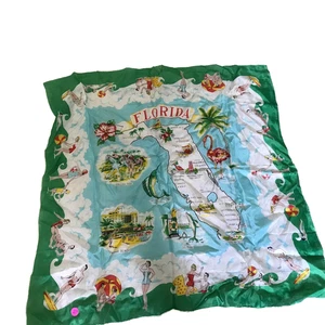 VINTAGE FLORIDA SOUVENIR SCARF BEACH SCENES PLAYING SURF CITIES MAP BIRDS 1950’s - Picture 1 of 16