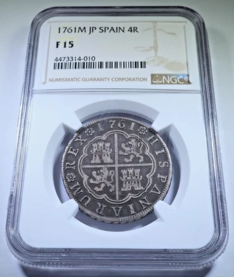 Moneda 4R Cruz Pirata Colonial Antigua Genuina 1761 Española 4 Reales NGC Foto 1 de 2