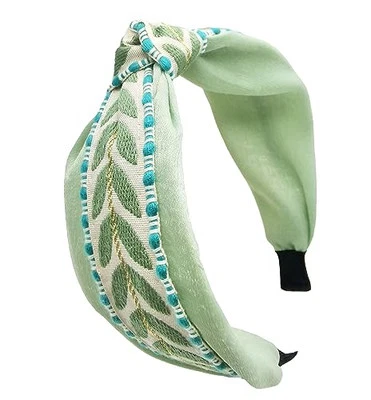 Boho Knotted Green Headband with Handmade Lace Embroidery Leaves Metal  - Изображение 1 из 4