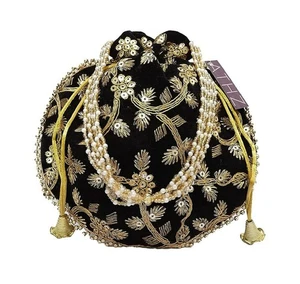 Indian Traditional Black Velvet Golden Work Drawstring Potli Bag For Women - Picture 1 of 7