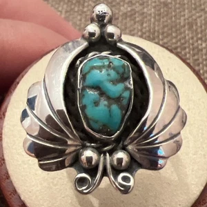 Vtg Native American L. Elthe Navajo Turquoise Sterling Silver Ring Sz 6 - Picture 1 of 13