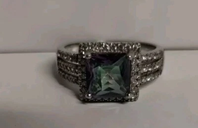 Ring S925 Silver CZ Size 9 Rainbow Topaz Princess Cut - Image 1 of 4