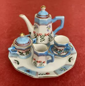 Vintage Ceramic Miniature Tea Set w Hand Painted Blue Floral Pastels Pattern Art - Picture 1 of 15