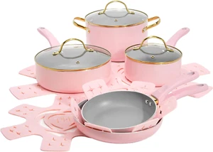 Paris Hilton 12-Piece Nonstick Cookware Set | Pink Pots & Pans with Glass Lids - Picture 1 of 10