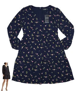 Ralph Lauren Floral Long Sleeve V-Neck Crepe Style Mini Length Dress NWT Navy - Picture 1 of 1