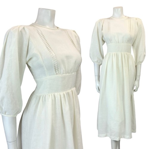 OFF WHITE ABITO MIDI VINTAGE ANNI 60 70 BIANCO SPORCO ALL'UNCINETTO MANICA A SBUFFO PRATERIA BOHO COTTAGE 10